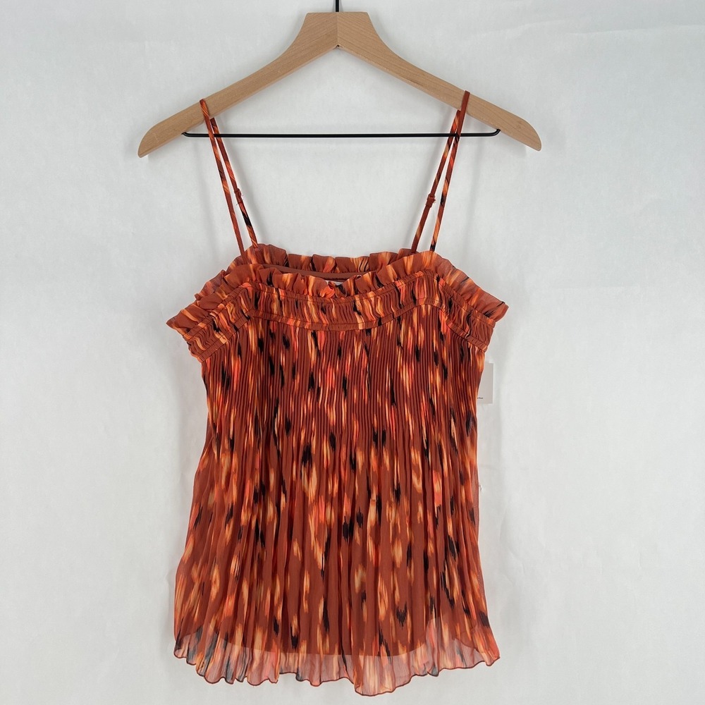 Nine West Camisole Top‎ Womens S Orange Abstract Pleated Smocked Spaghetti Strap